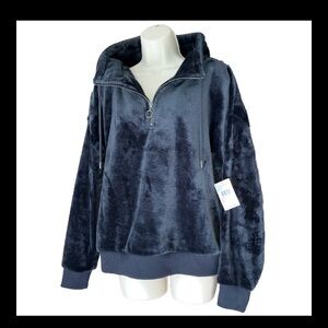 PJ Salvage 1/4 Zip Charcoal Velour Top Long Sleeve Pullover Black Grey New M